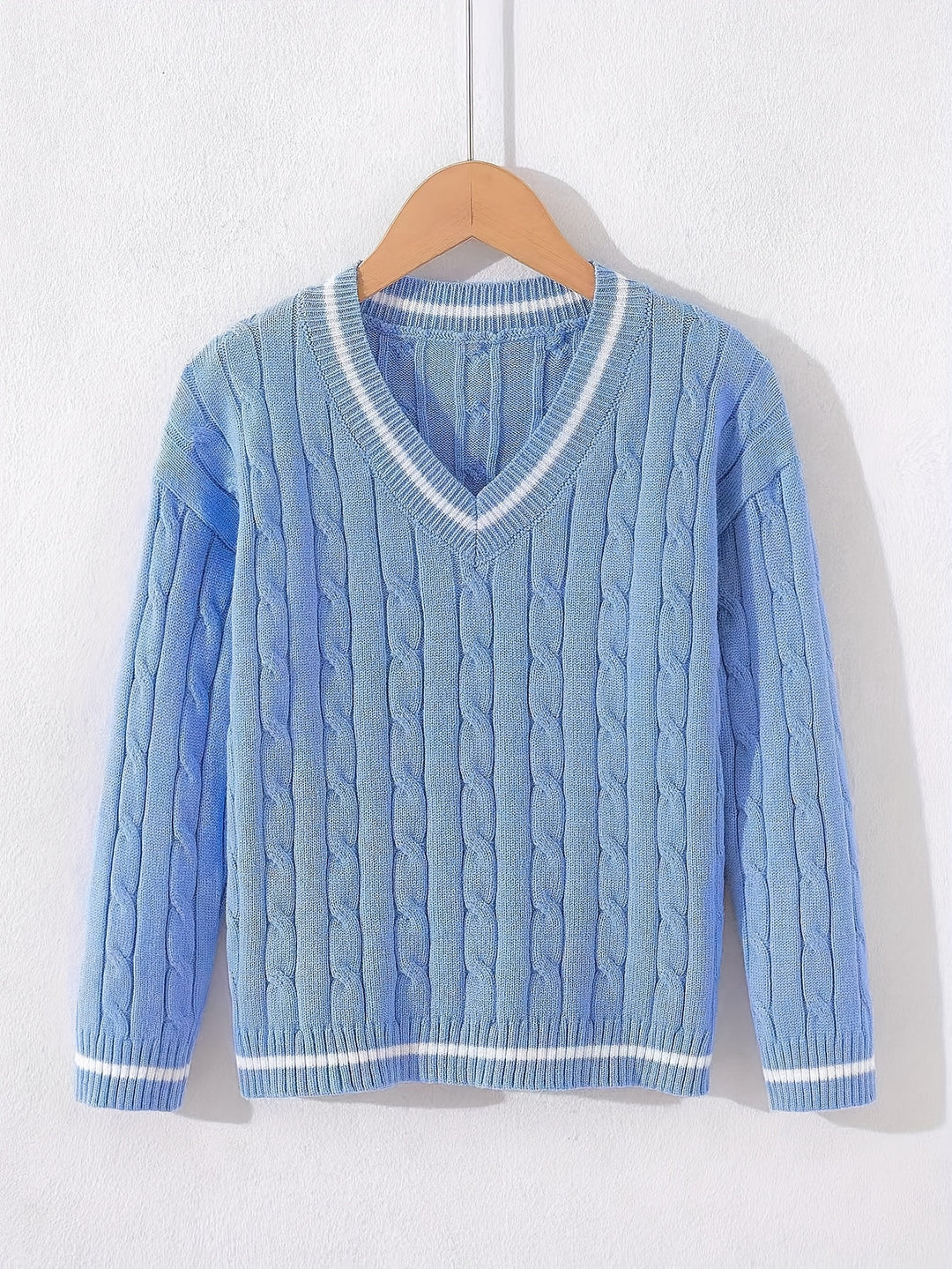 Kid's Preppy Style V-neck Sweater, Cable Knit Pullover, Causal Long Sleeve Top, Boy's Clothes For Spring Fall Winter