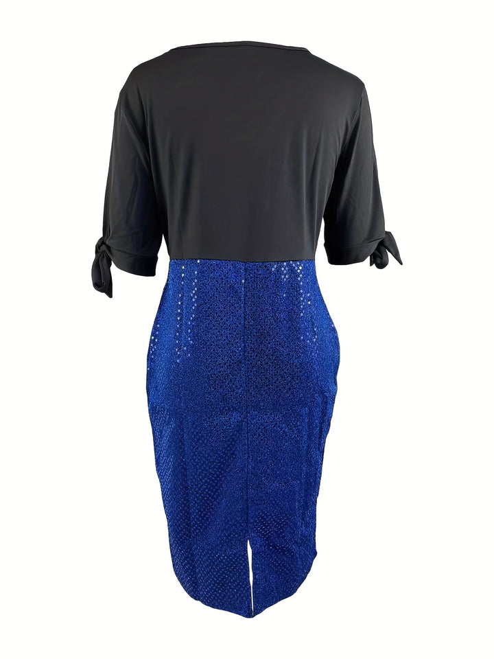 Plus Size Party Dress, Women's Plus Faux Pearl Decor Cut Out Sequin Slim Fit Event Dress