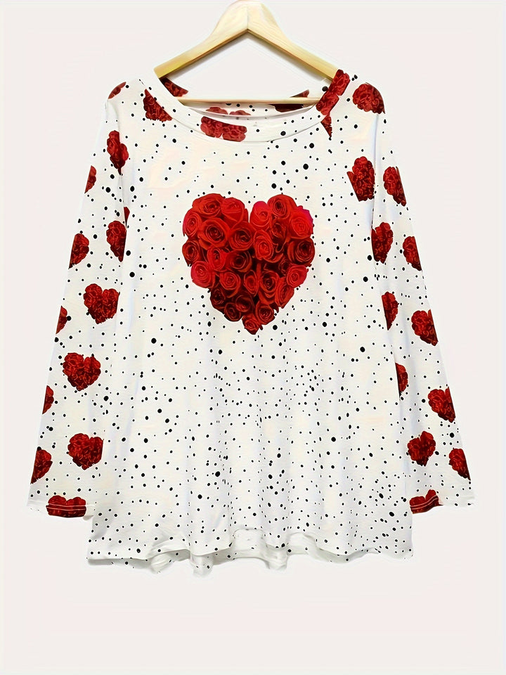 Plus Size Heart Print Top, Casual Crew Neck Long Sleeve Top, Women's Plus Size Clothing