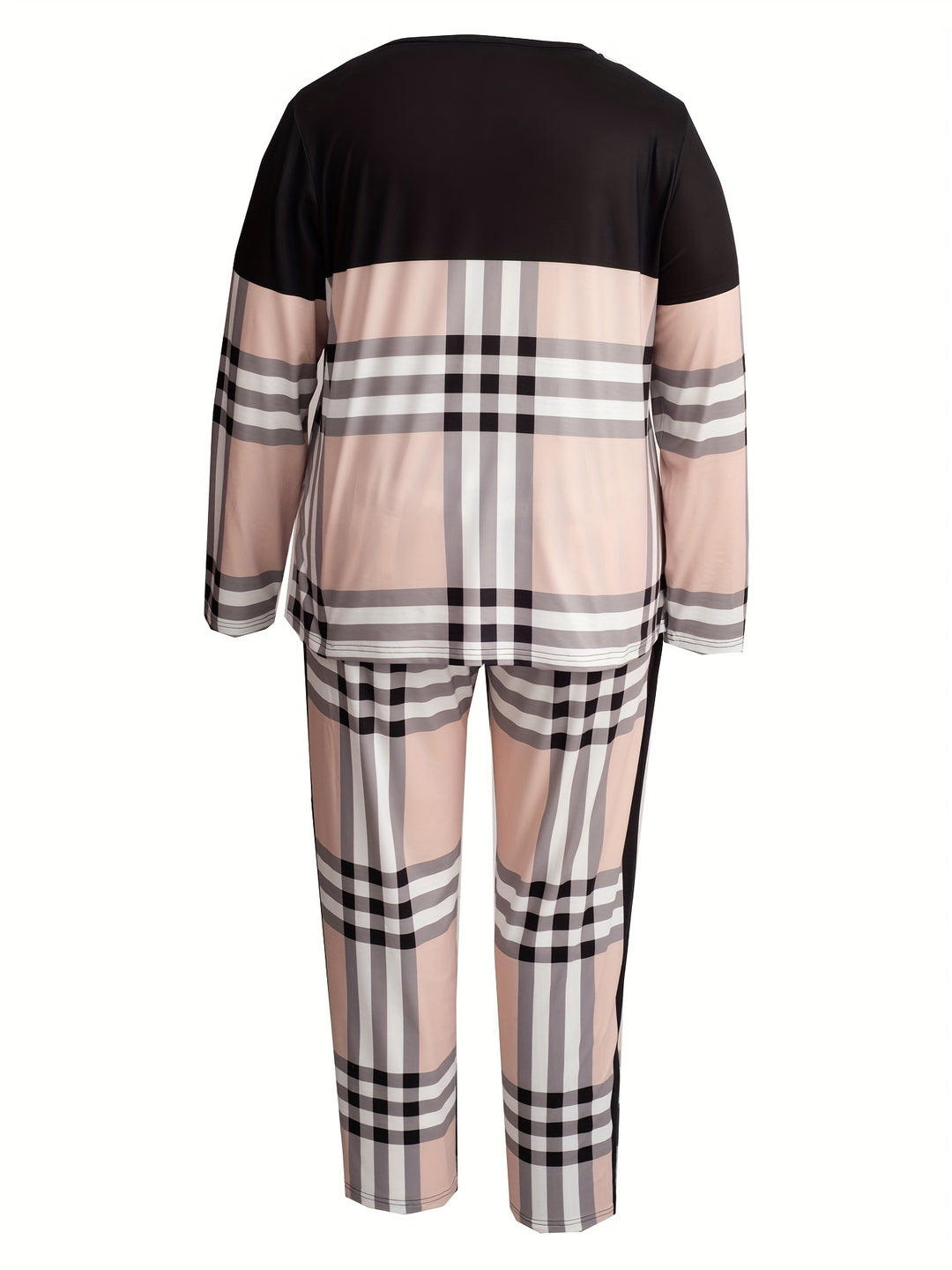 Plus Size Trendy Outfit Set, Women's Plus Colorblock Plaid Print Long Sleeve Round Neck Pullover Top & Pants Outfits Two Piece Set