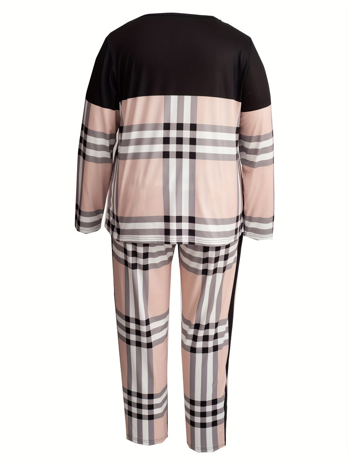 Plus Size Trendy Outfit Set, Women's Plus Colorblock Plaid Print Long Sleeve Round Neck Pullover Top & Pants Outfits Two Piece Set