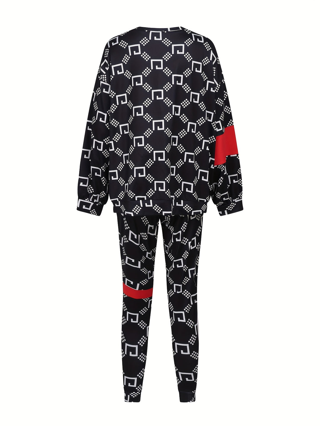 Plus Size Casual Outfits Two Piece Set, Women's Plus Colorblock Geometric Print Long Sleeve Round Neck Top & Pants With Pockets Outfits 2 Piece Set