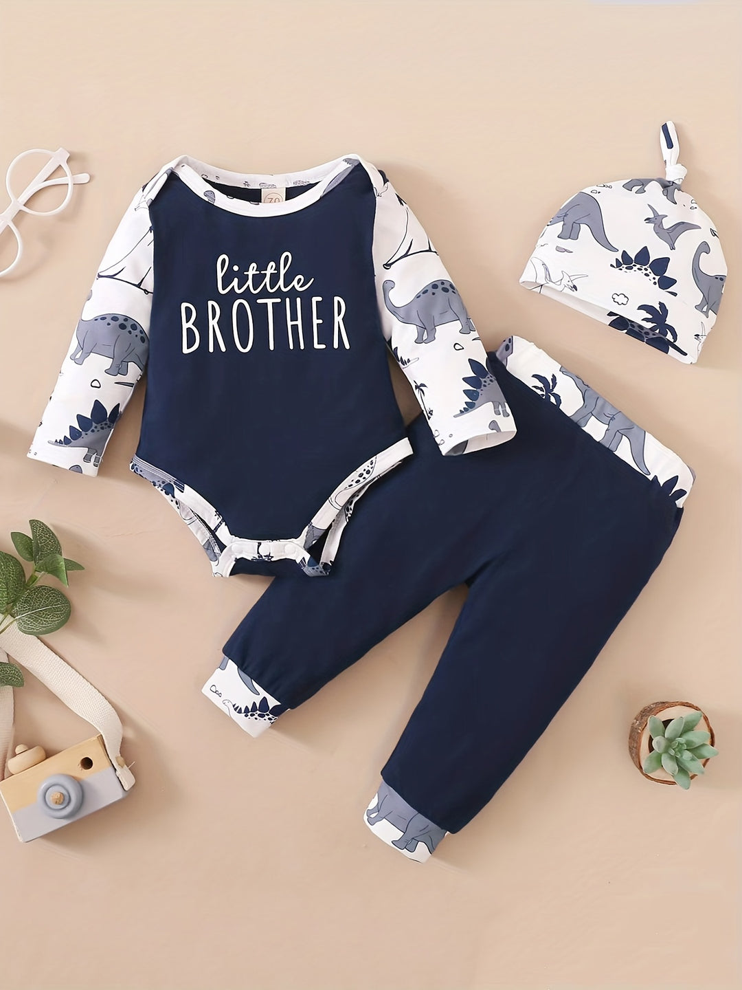 Infant Baby Boy's Cotton Casual Three-piece Set, Dinosaur Letter Print Romper  + Trousers + Hat