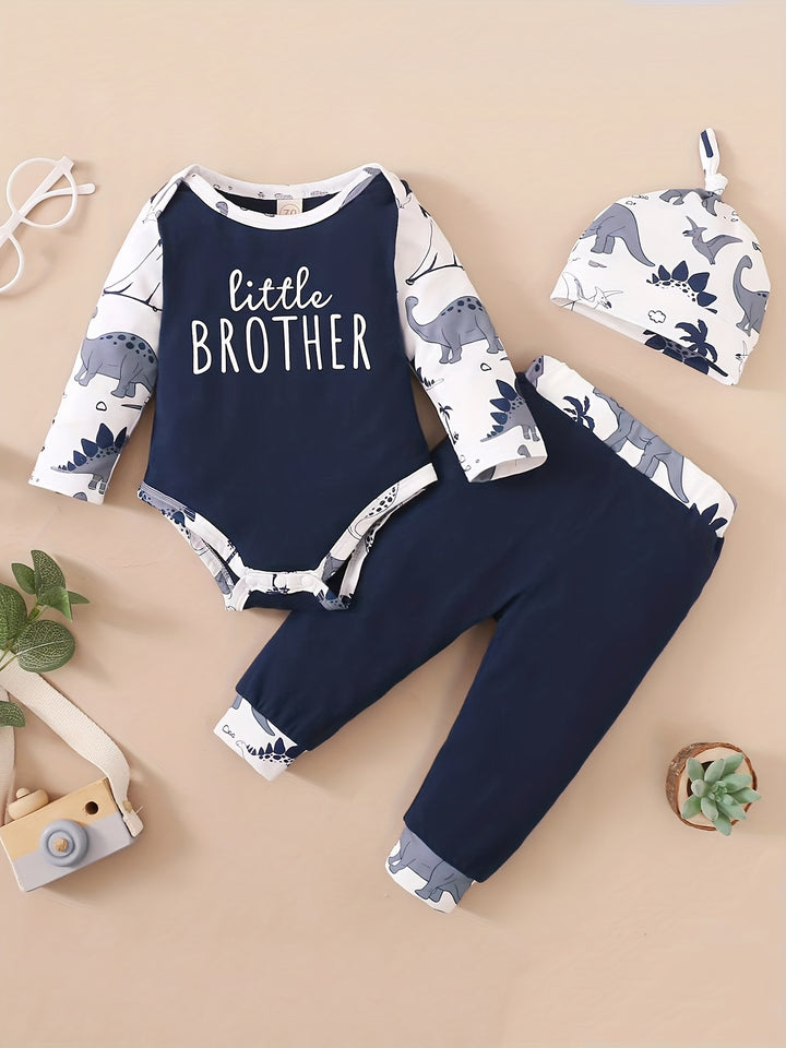 Infant Baby Boy's Cotton Casual Three-piece Set, Dinosaur Letter Print Romper  + Trousers + Hat