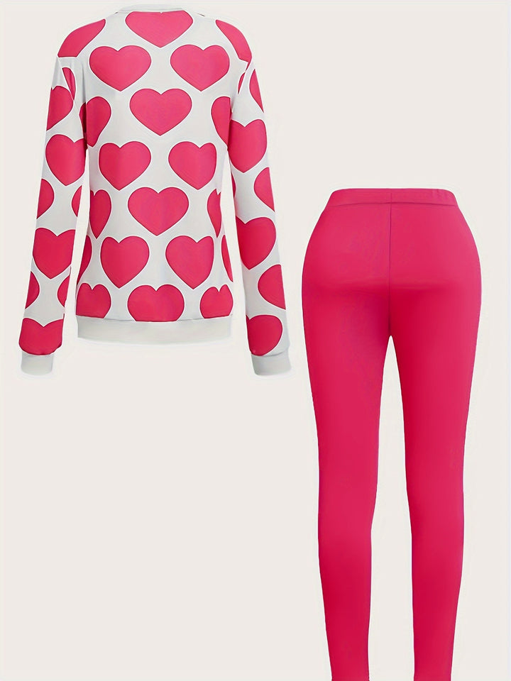 Casual Knitting Two-piece Pants Set, Long Sleeve Heart Print Top & Skinny Slant Pockets Pants Outfits, Women's Clothing