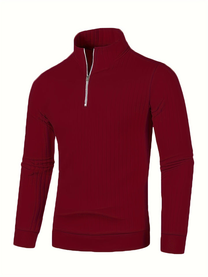 Ribbed Knitted Half Zipper Sweater, Men's Casual Warm Slightly Stretch Stand Collar Pullover Sweater For Men Fall Winter