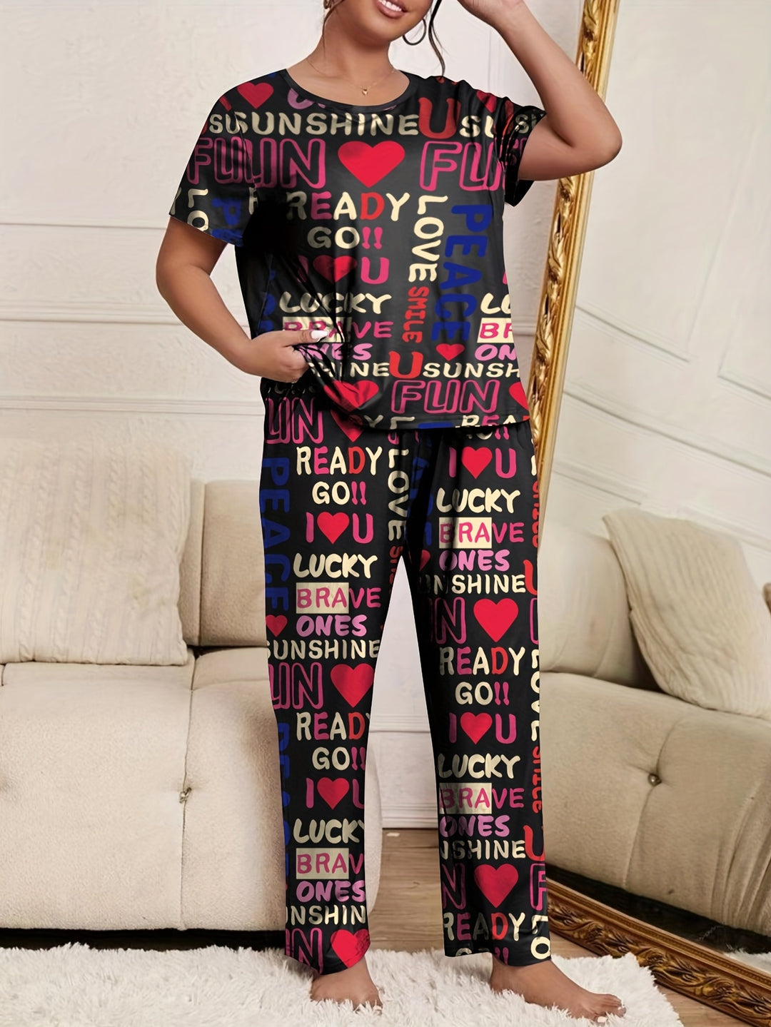 Plus Size Casual Pajama Set, Women's Plus Heart & Letter Print Short Sleeve Round Neck T-shirt & Pants Comfort Pajama Two Piece Set