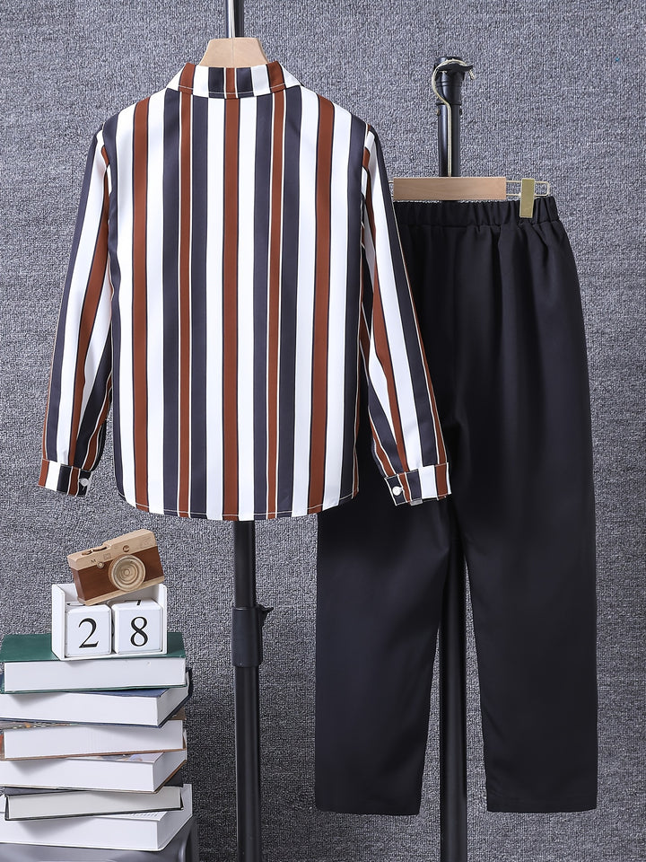 Boy's 2pcs, Vertical Stripe Pattern Shirt & Pants Set, Vacation Style Casual Outfits, Kids Clothes For Spring Fall