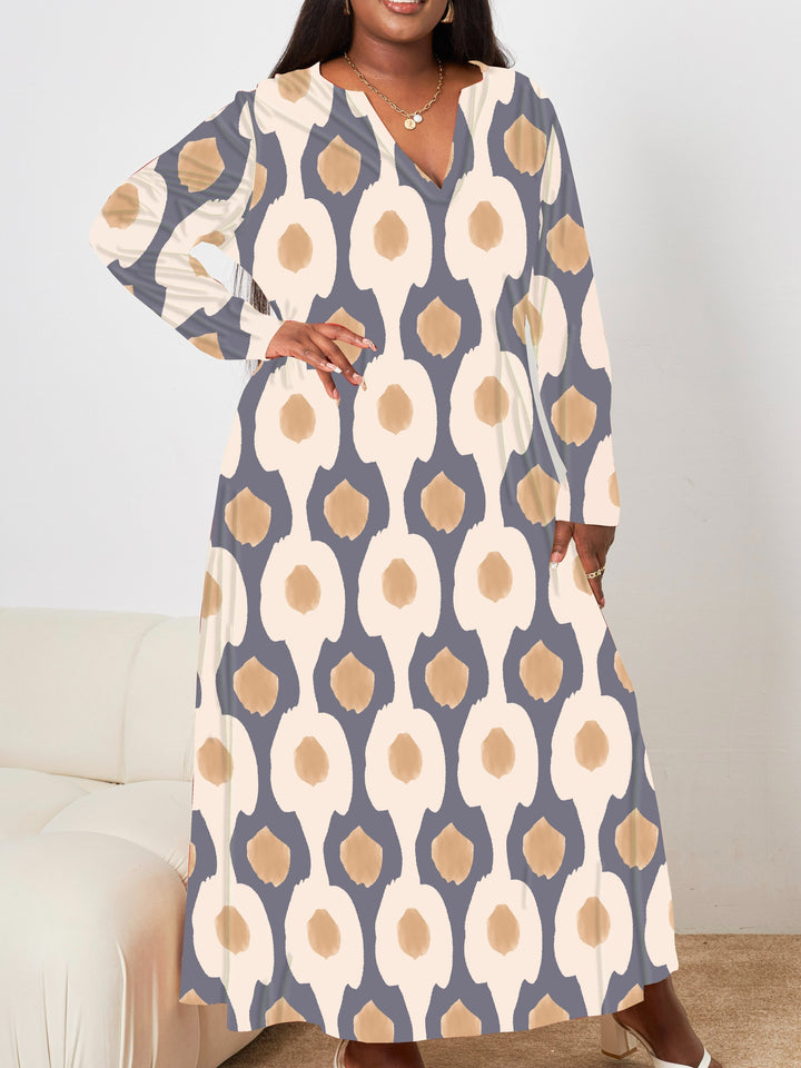 Plus Size Casual Dress, Women's Plus Allover Print Long Sleeve V Neck Split Hem Loose Fit Maxi Dress