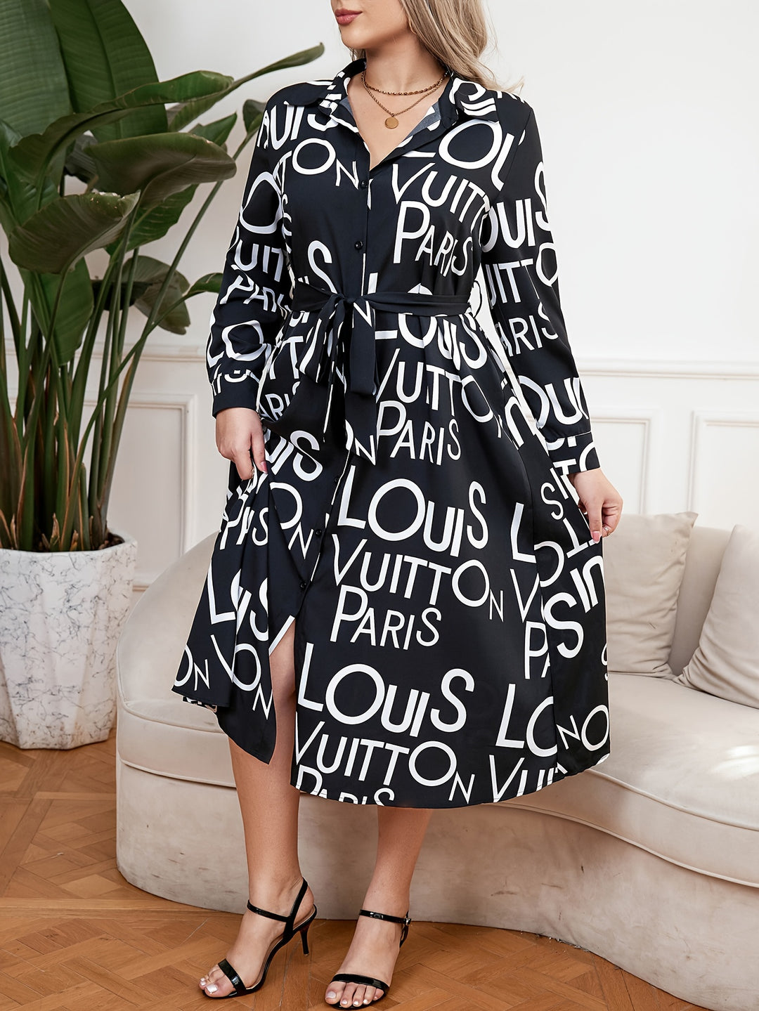 Stylish Plus Size Dress with Letter Print and Belted Design, Perfect for Casual Wear - Women's Plus Size Clothing