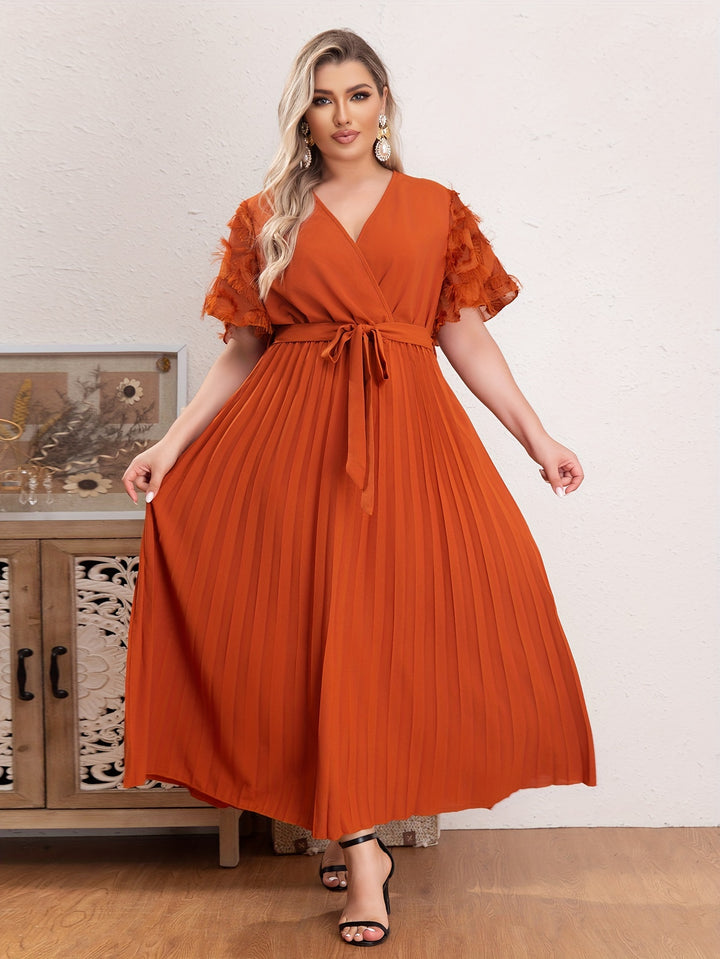 Plus Size Boho Dress, Women's Plus Solid Tassel Decor Butterfly Sleeve Surplice Neck Pleated Maxi Dress With Belt