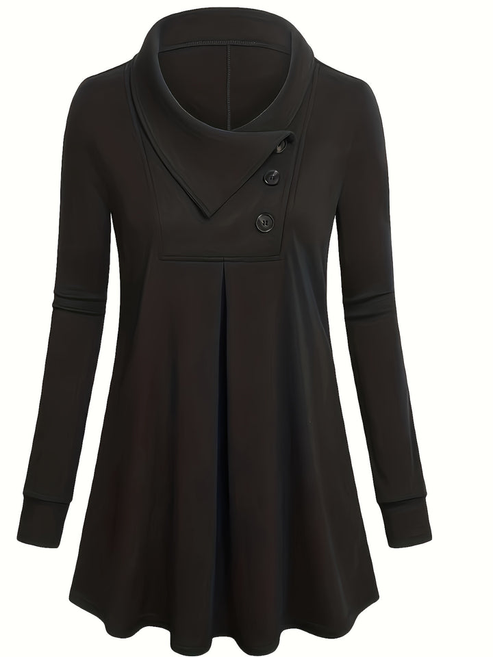 Solid Button Front Pleated Top, Casual Long Sleeve Top For Spring & Fall, Women's Clothing
