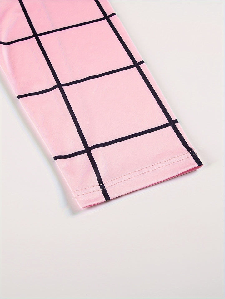 Plus Size Plaid Print Button Front Dress, Elegant Slim Mermaid Hem 3/4 Sleeve Dress, Women's Plus Size Clothing