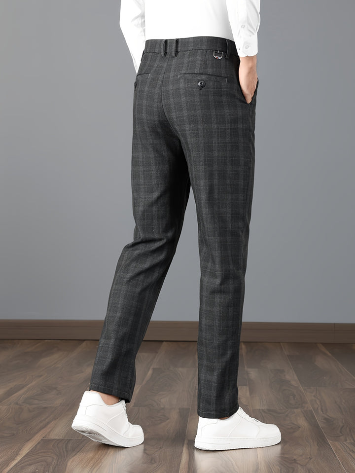 Elegant Plaid Slacks, Men's Casual Vintage Style Slightly Stretch Dress Pants