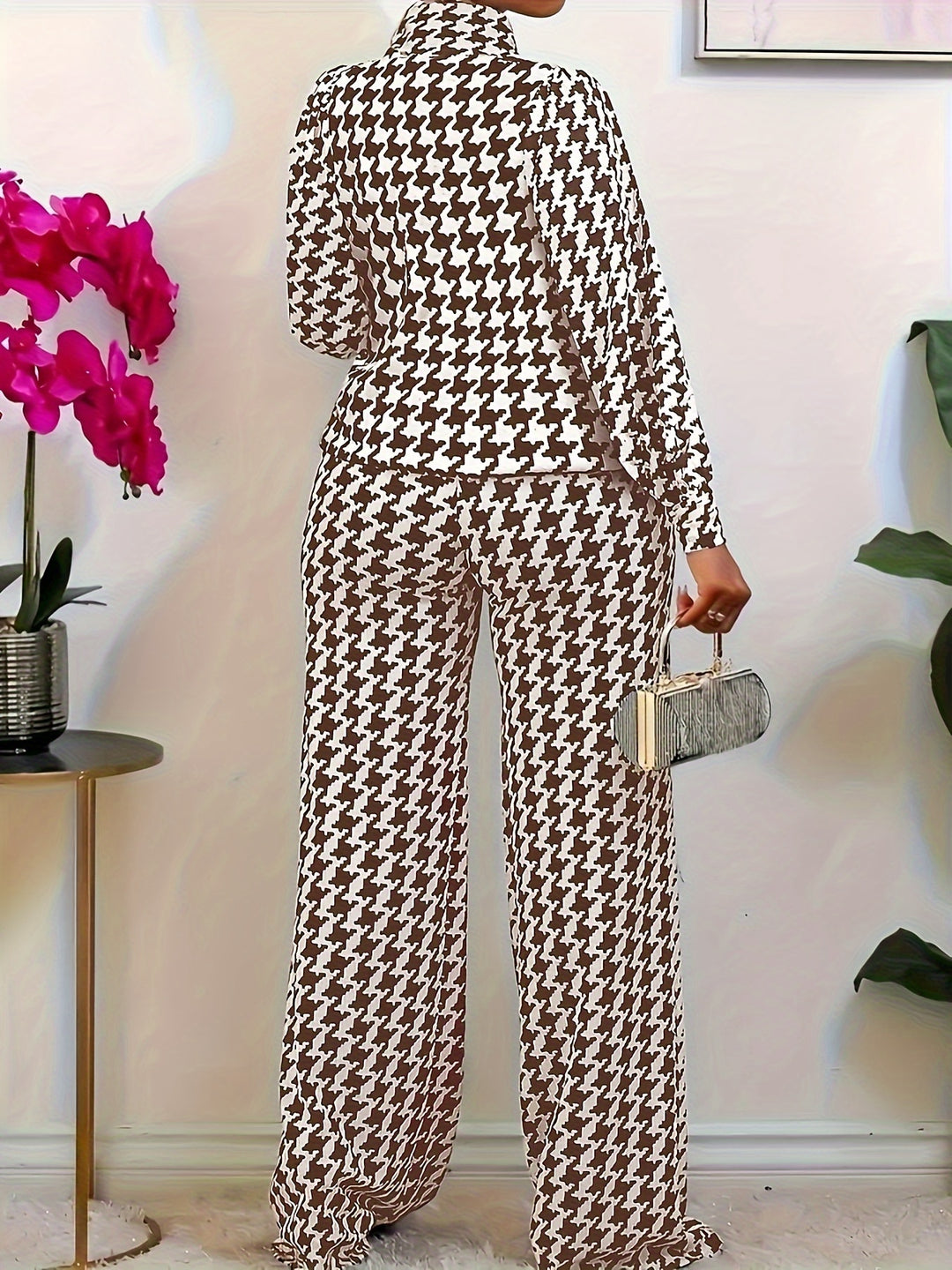 Plus Size Casual Outfits Set, Women's Plus Houndstooth Print Long Sleeve High Neck Top & Wide Leg Pants Outfits Two Piece Set