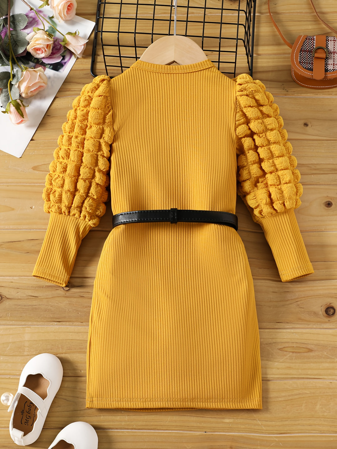 Toddler Girls Bubble Long Sleeves Gorgeous Rib Knit Tunic Dress (Belt Is Not Included)