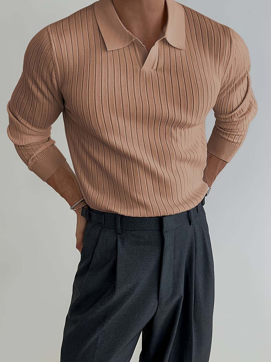 Solid Chic Knit Shirt, Men's Casual Lapel Slightly Stretch V-Neck Pullover Sweater For Autumn Winter