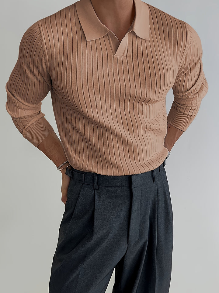 Solid Chic Knit Shirt, Men's Casual Lapel Slightly Stretch V-Neck Pullover Sweater For Autumn Winter