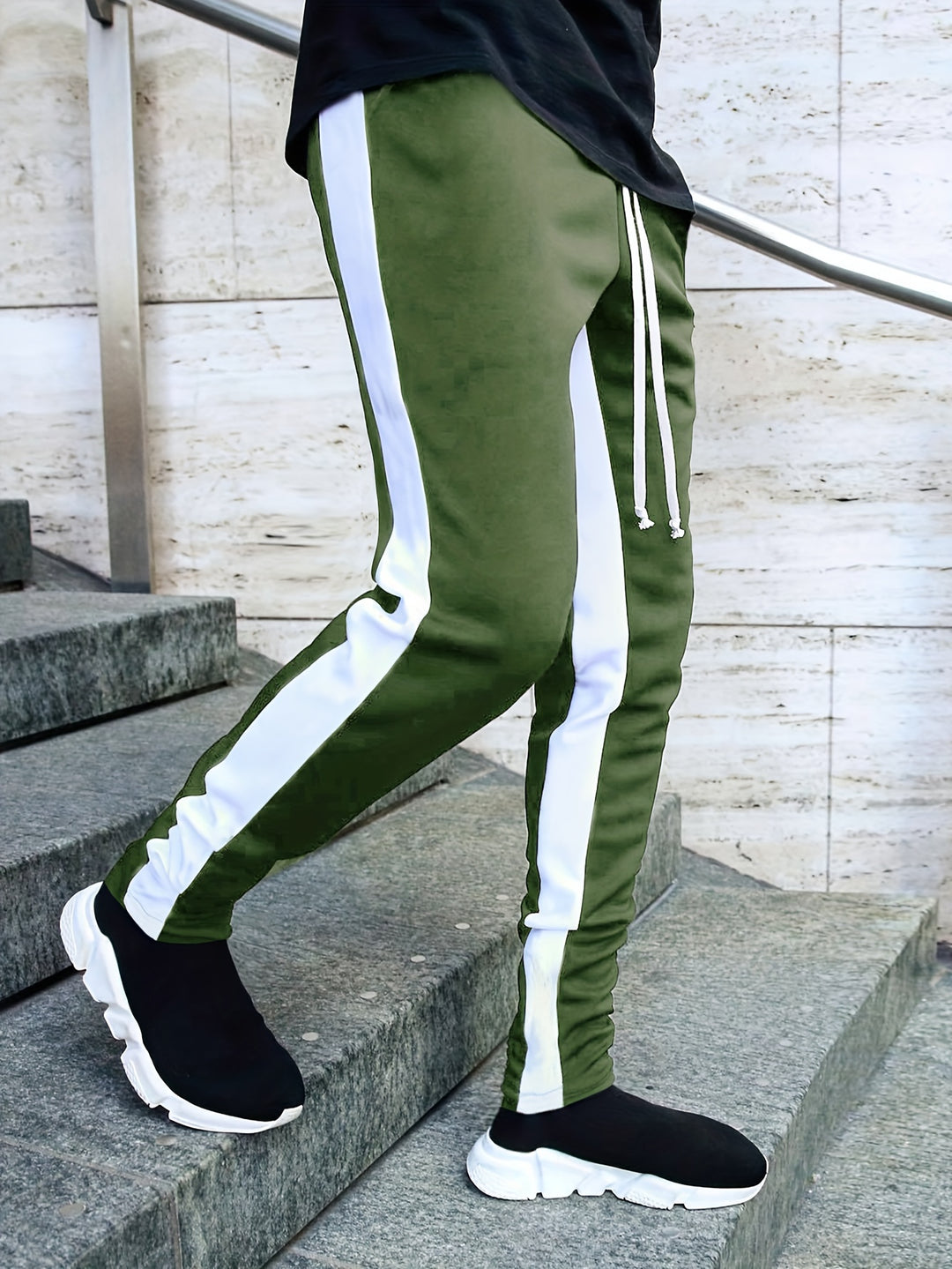 Chic Side-Striped Joggers, Men's Casual Waist Drawstring Sports Pants Sweatpants