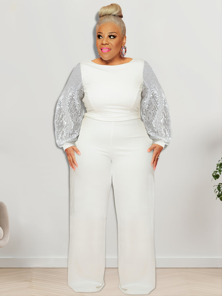 Plus Size Contrast Sequin Long Sleeve Wide Leg Jumpsuit, Women's Plus High Stretch Elegant Party Jumpsuit