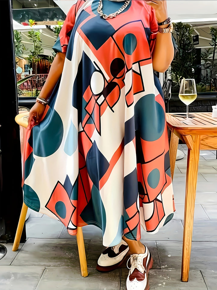 Plus Size Casual Dress, Women's Plus Colorblock Geometric Print Short Sleeve Mock Neck Slight Stretch Maxi Dress