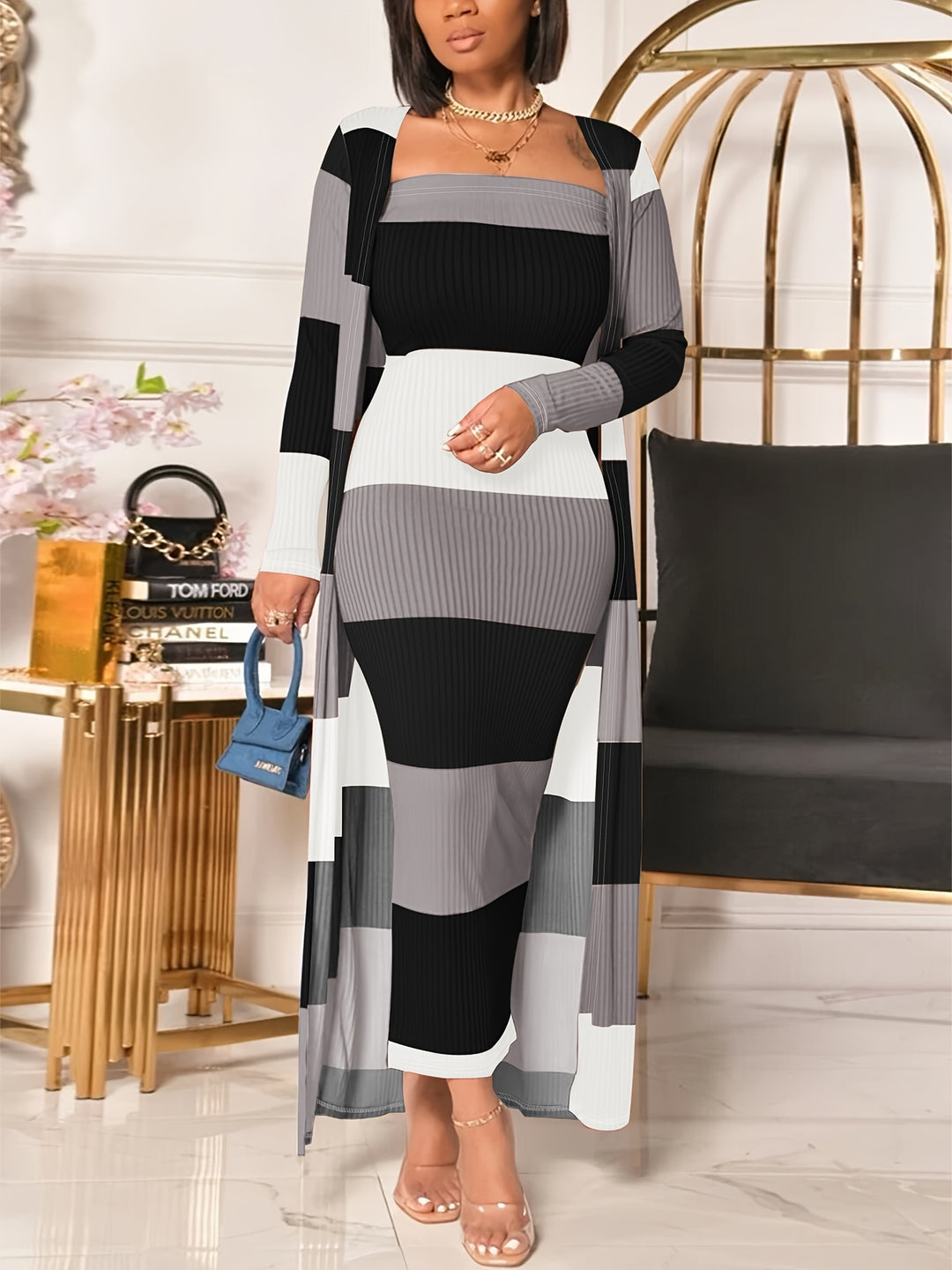 Stripe Print Two-piece DressSet, Sleeveless Tube Dress & Open Front Long Sleeve Cardigan Outfits, Women's Clothing