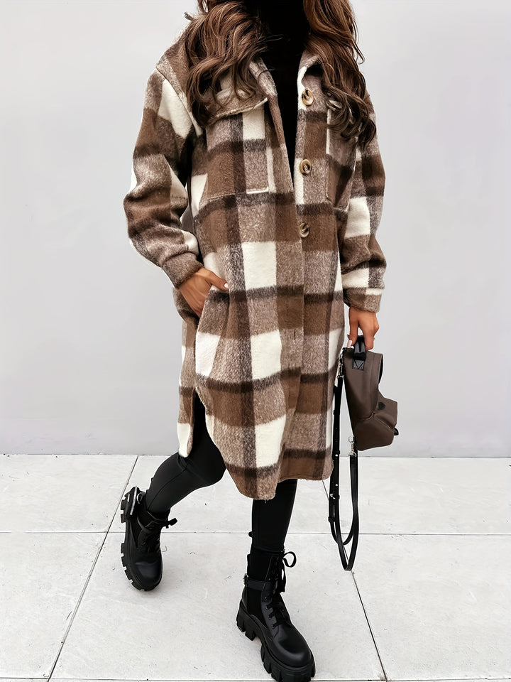 Plaid Print Shacket Jacket, Casual Button Front Turn Down Collar Long Sleeve Mid Length Outerwear, Women's Clothing