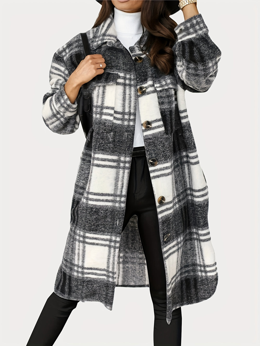 Plaid Print Shacket Jacket, Casual Button Front Turn Down Collar Long Sleeve Mid Length Outerwear, Women's Clothing