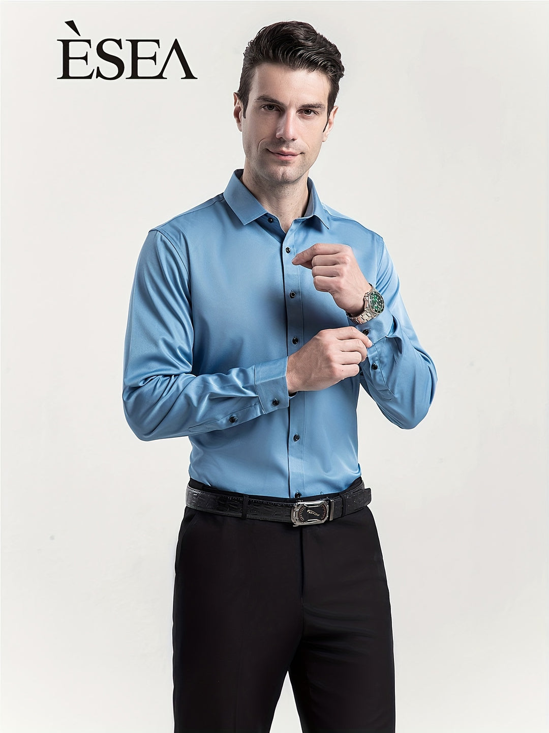ESEA Men's Europe And The United States Dress Shirt Conventional Version Of Pure-color Non-pocket Wrinkle-free Business Casual Slim Long-sleeved Shirt Elastic Europe And The United States Plus-size Button-up Commuter Dress Shirt Jacket