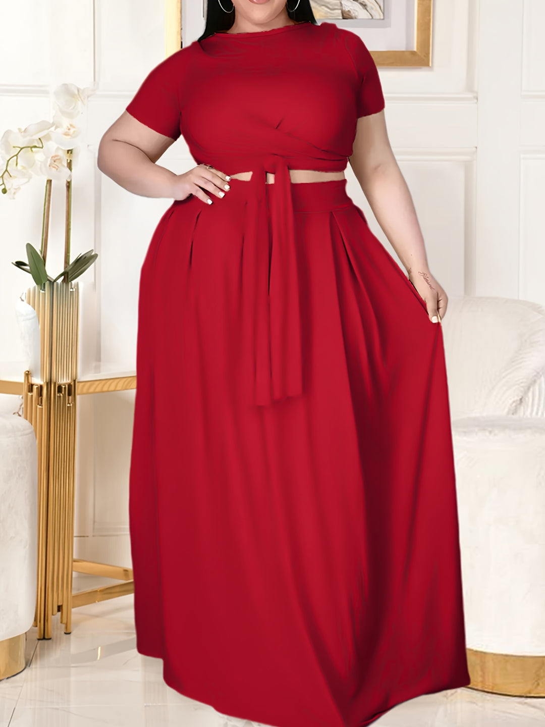 Plus Size Casual Outfits Set, Women's Plus Plain Short Sleeve Crop Top Side Knot & Maxi Skirt Outfits Two Piece Set