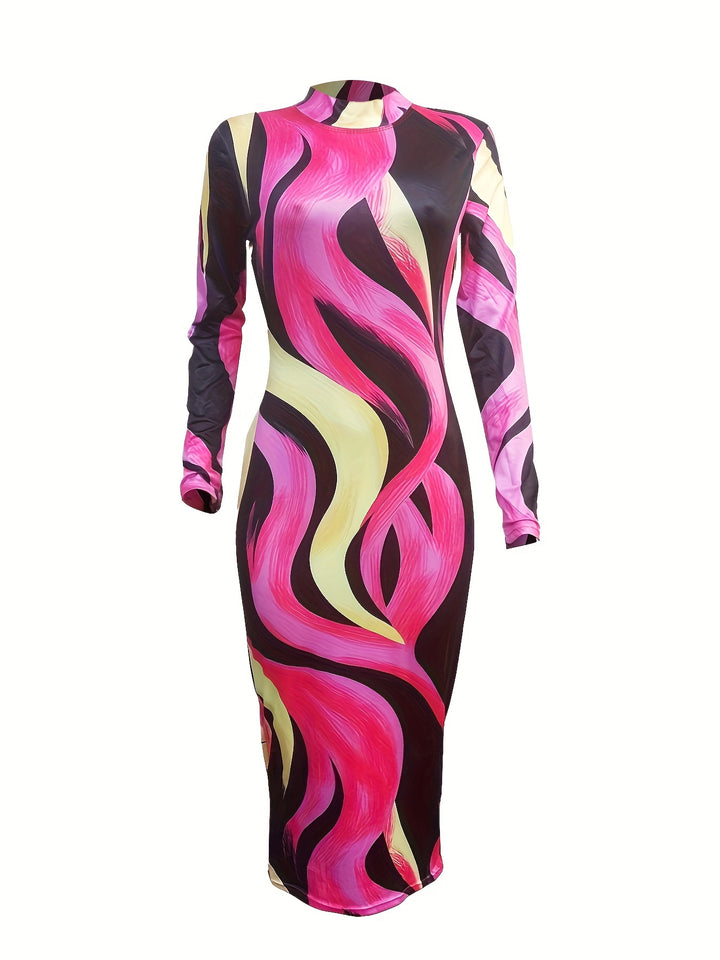 Flattering Plus Size Bodycon Dress with Abstract Stripe Print and High Neck Design