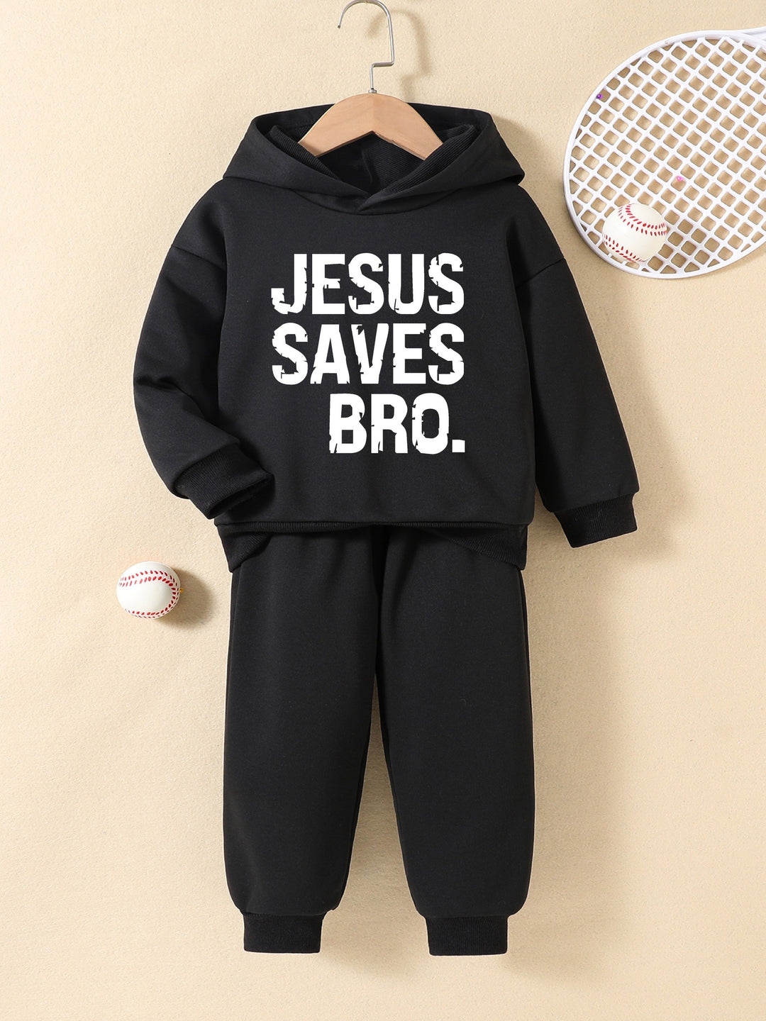 2pcs "Jesus Saves Bro" Print Outfit For Boys, Hoodie & Sweatpants Set, Trendy Hooded Long Sleeve Top, Kid's Clothes For Spring Fall Winter, As Gift