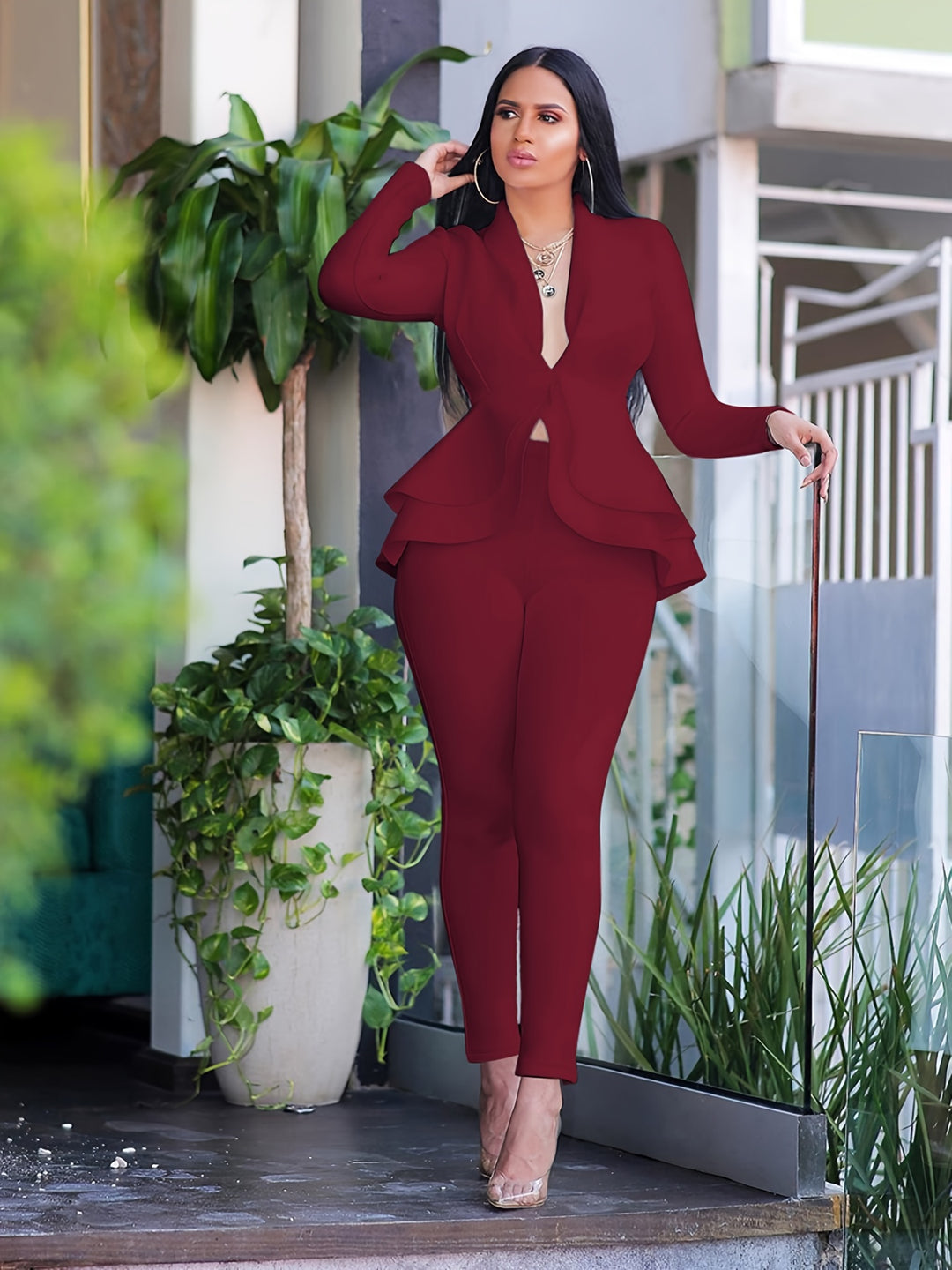Solid Deep V Neck Long Sleeve Ruffled Hem Tunic Pantsuits, Long Length Bodycon Street Pantsuits, Women's Clothing