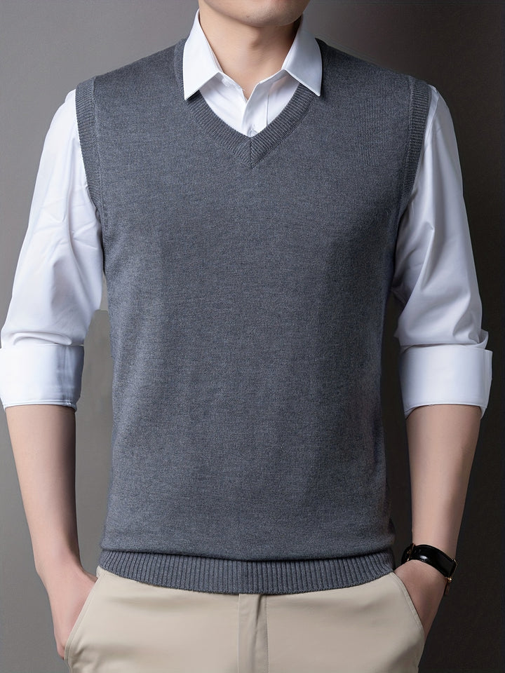 Casual Knitted Pullover, V-neck Sleeveless Thermal Jacket, Wool Vest, Men's Tank Top  For Autumn And Winter