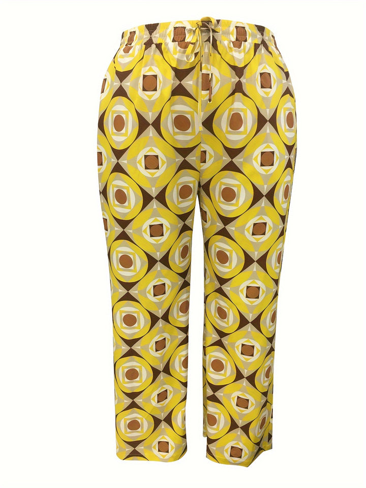 Plus Size Elegant Outfits Set, Women's Plus Allover Print Long Sleeve Lapel Collar Button Up Tunic Shirt Top & Pants Outfits Two Piece Set