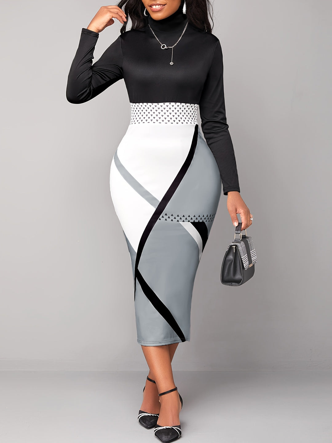 Color Block Long Sleeve Pencil Dress, Elegant Turtle Neck Slim Dress For Fall & Winter, Women's Clothing