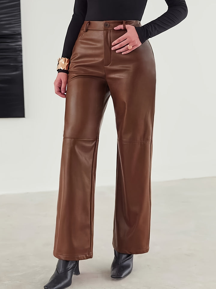 PU Leather Straight Leg Pants, Casual Pocket High Waist Pants, Women's Clothing