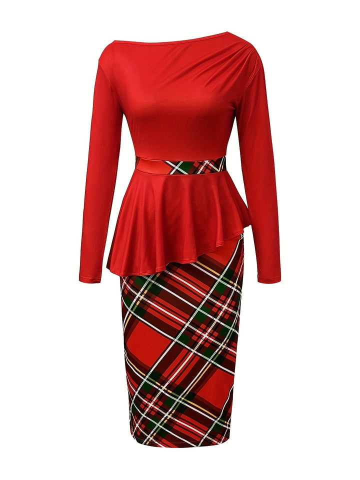 Plaid Print Patchwork Dress, Elegant Long Sleeve Color Block Dress, Women's Clothing