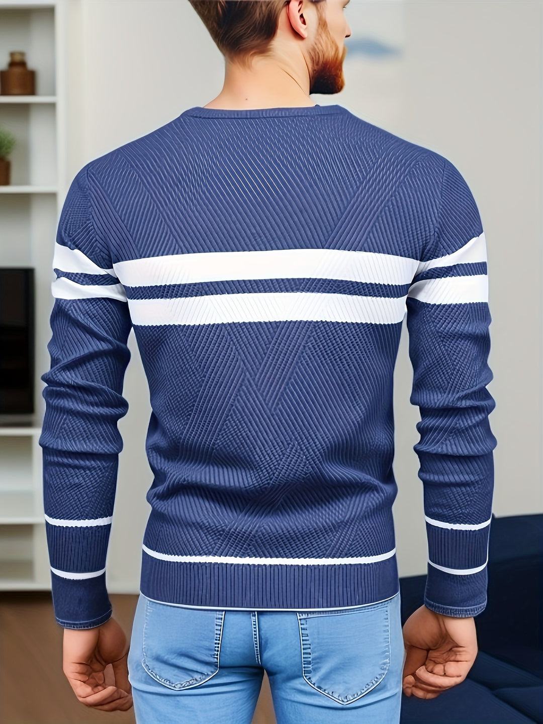 All-Match Striped Knitted Sweater, Men's Casual Warm High Stretch Crew Neck Pullover Sweater For Fall Winter