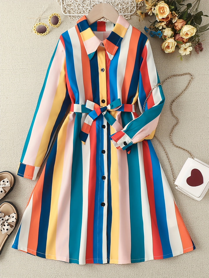 Trendy Girls' Stripe Long Sleeve Collared Shirt Dress With Belt, Casual Dresses For Teen Girls