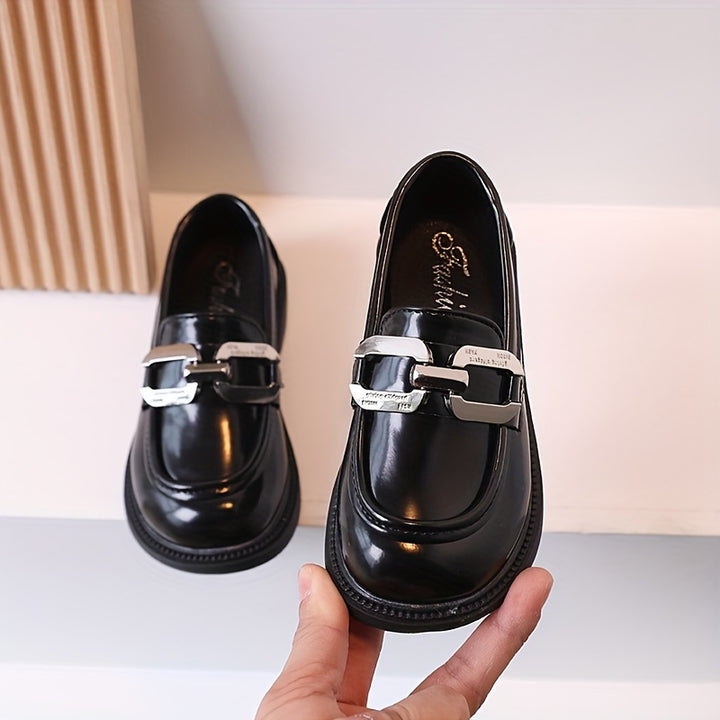 Girls Solid Color Slip On Loafer Shoes With Metallic Decor, Children's Anti-skid Soft Sole Flat Shoes