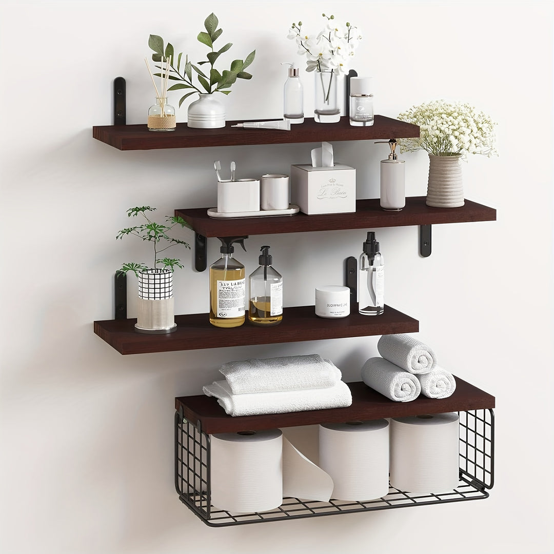 4 + 1 Layer Bathroom Shelf, Floating Shelf With Simple Wooden Wall-mounted Shelf, Toilet With Metal Wire Storage Basket Above, Kitchen, Living Room And Plant Farmhouse Wall Decoration