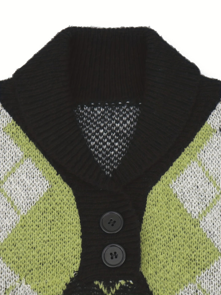 Retro All Match Knitted Argyle Sweater, Men's Casual Warm Middle Stretch Shawl Collar Pullover Sweater For Men Fall Winter