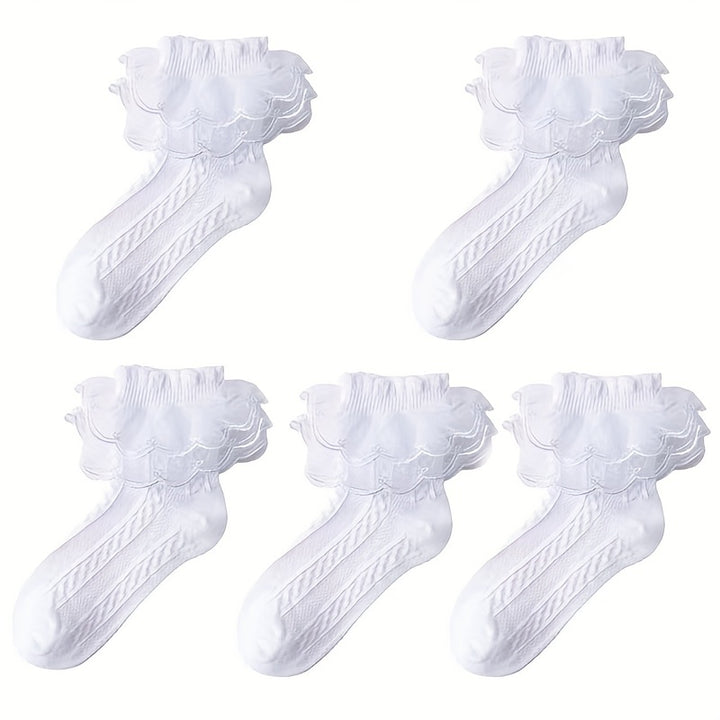 5pairs Girls Kids Lace Ruffled Cute Princess Socks, Fashion Versatile Socks, Breathable Comfy Socks, Children's Socks