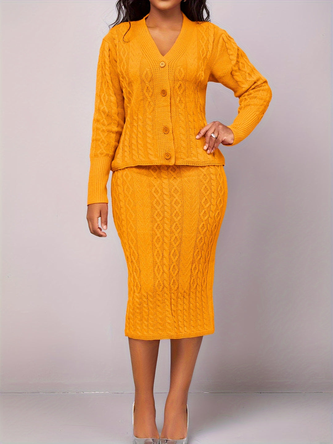 Solid Elegant Two-piece Set, Button Front V Neck Long Sleeve Tops & Bag Hip Midi Skirts Outfits, Women's Clothing