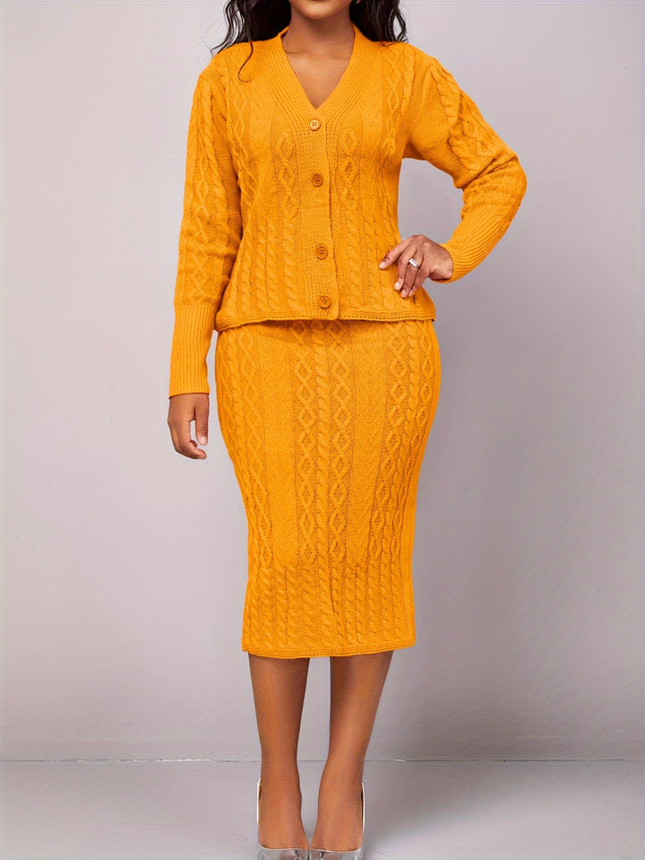 Solid Elegant Two-piece Set, Button Front V Neck Long Sleeve Tops & Bag Hip Midi Skirts Outfits, Women's Clothing