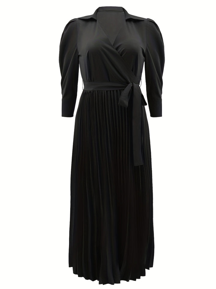Solid Pleated Dress, Elegant Knotted V Neck 3/4 Sleeve Dress, Women's Clothing