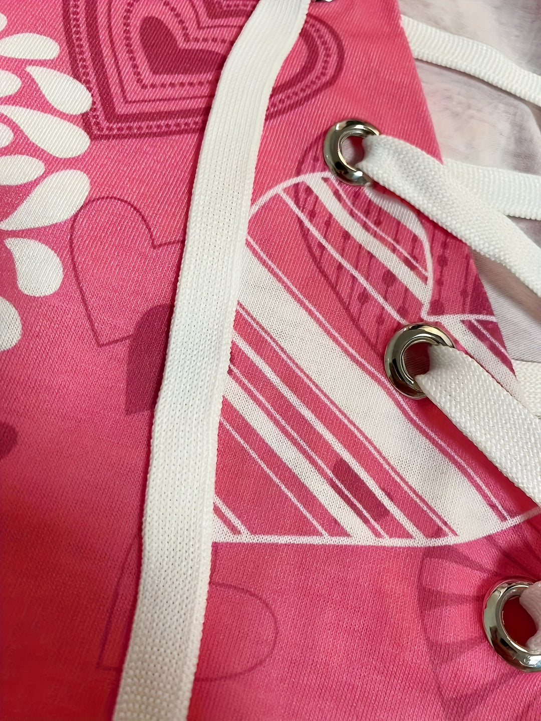 Plus Size Heart & Letter Print Top, Valentine's Day Lace Up V Neck Long Sleeve Top, Women's Plus Size Clothing