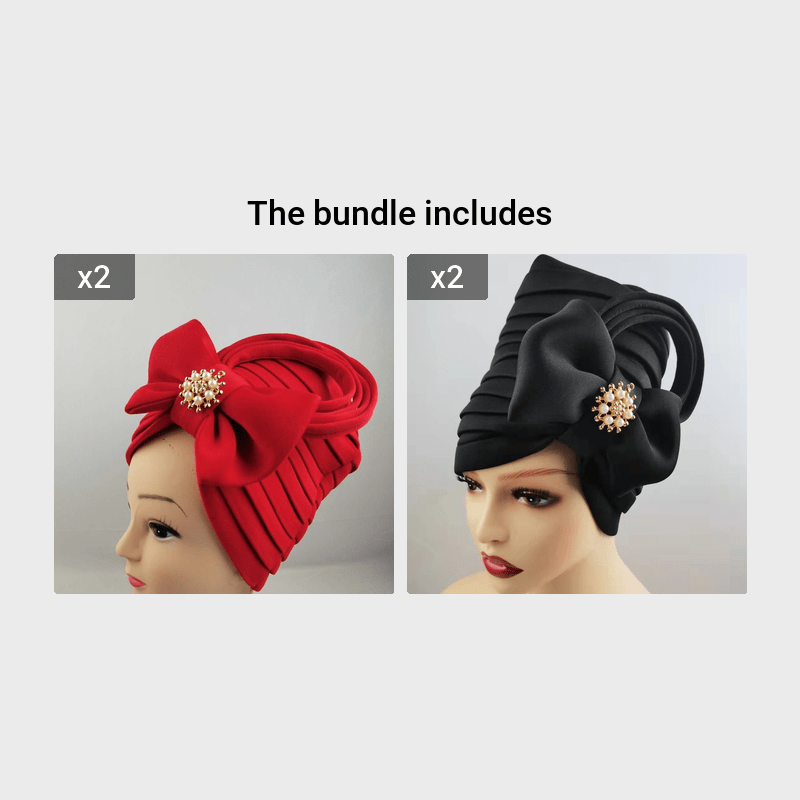 Faux Pearl Alloy Decor Turban Cap Elegant Bow Bandana Multi Layer Wrinkled Trendy Adjustable Hijab Women Hair Accessories