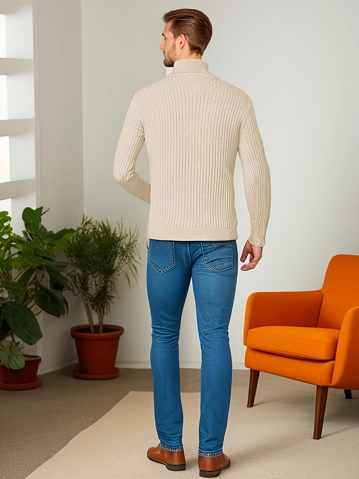 Men's Trendy Knitted Sweater, Casual Mid Stretch Breathable Turtle Neck Top For Outdoor Fall Winter